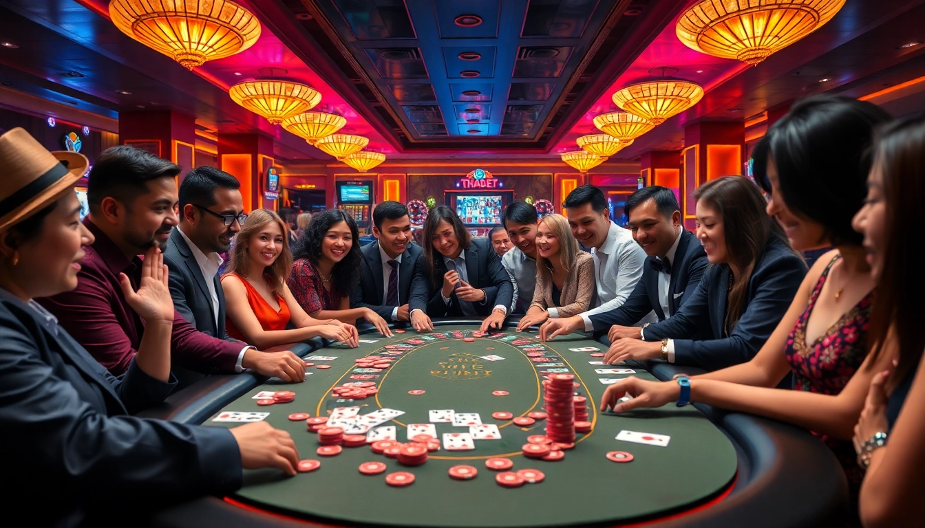 Exciting gaming action at Nhà cái Thabet poker table in a vibrant casino atmosphere.