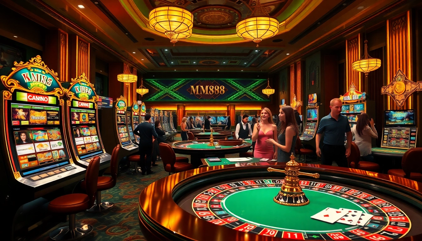 Engaging in high-stakes gaming at https://mm88.sa.com/, showcasing sleek slot machines and a vibrant roulette table.