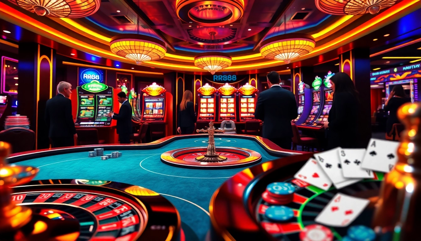 Players enjoying a thrilling gambling experience at rr88 casino with vibrant lights and luxurious ambience.