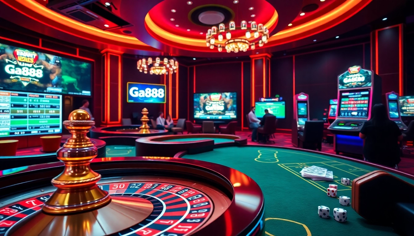 Experience thrilling online gambling with Ga888, featuring poker chips and roulette in an exciting casino setting.