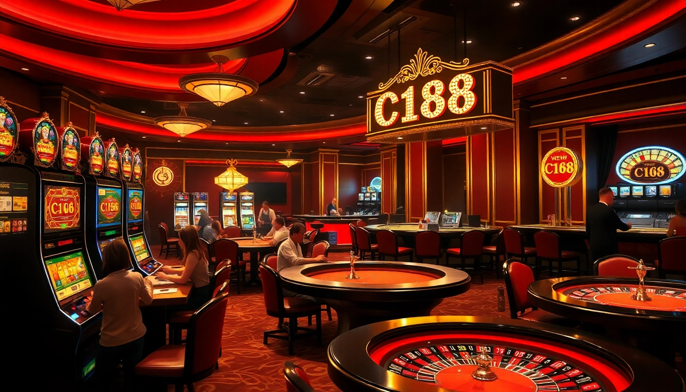 C168 inspired casino scene showcasing vibrant tables and excited players in action.