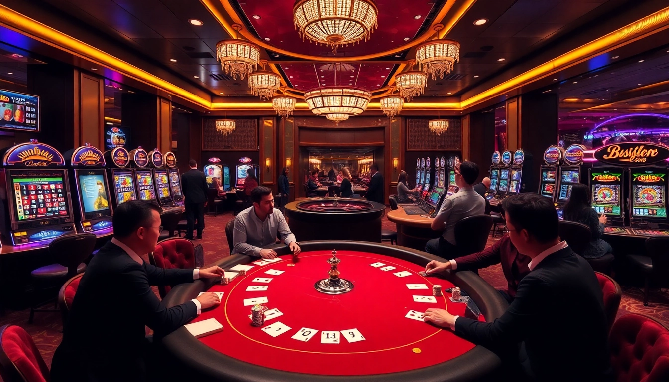 KJC poker players engaged in high-stakes games at a luxurious casino table.