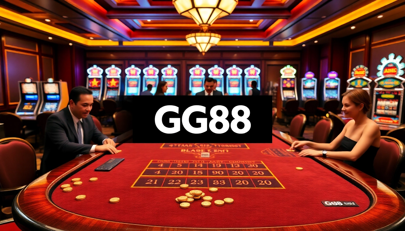 Experience the excitement of GG88 with players enjoying a luxurious casino table featuring various games.