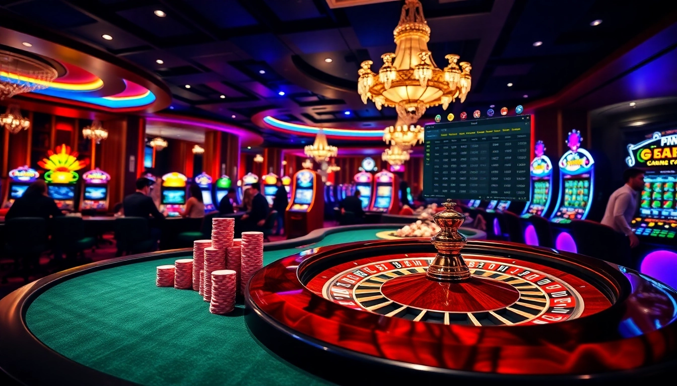 Players experiencing the excitement of high-stakes gaming at https://mm88.bar/ with vibrant slot machines and stylish roulette.