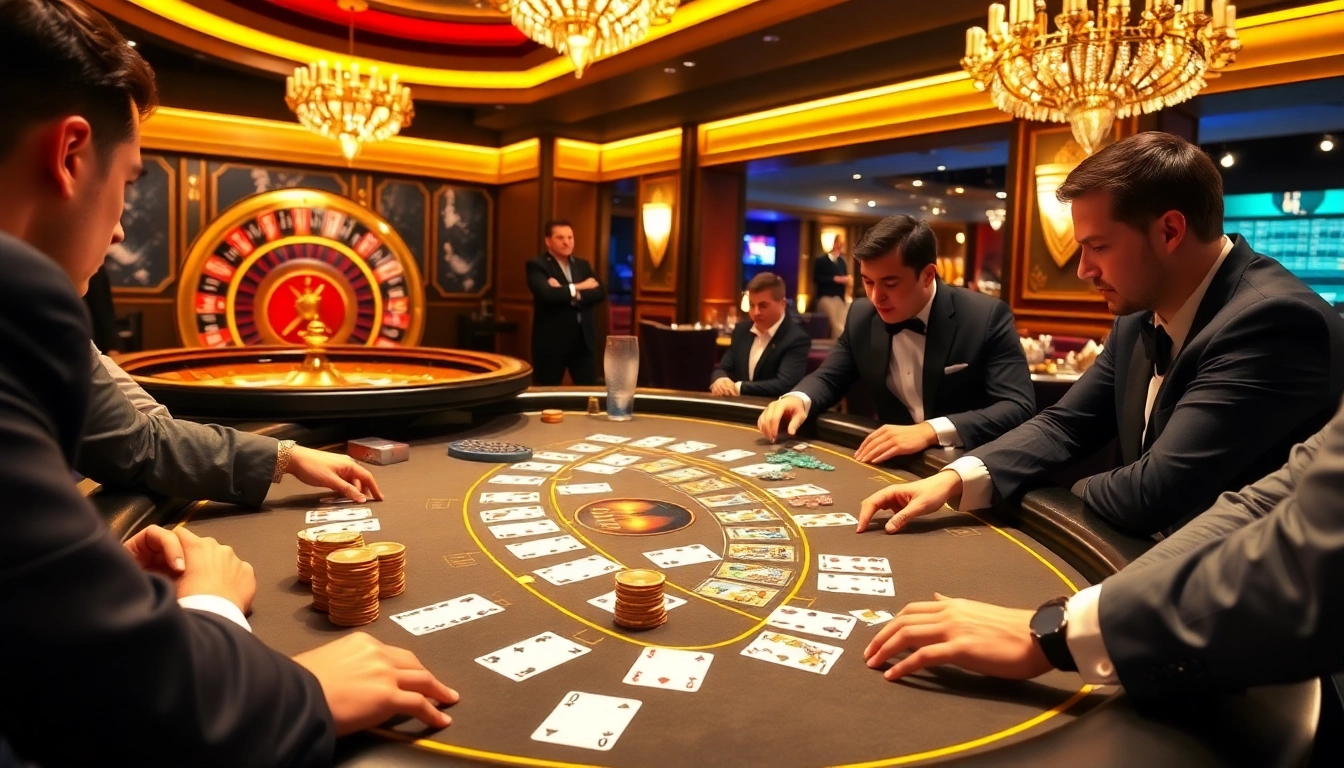 Players enjoying high-stakes blackjack at new888 casino, surrounded by chips and cards.