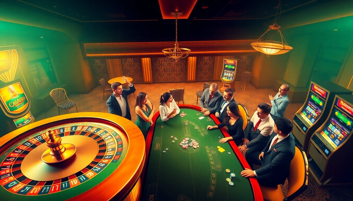 Experience the excitement of bl555 with players enjoying a thrilling casino scene featuring roulette and poker.