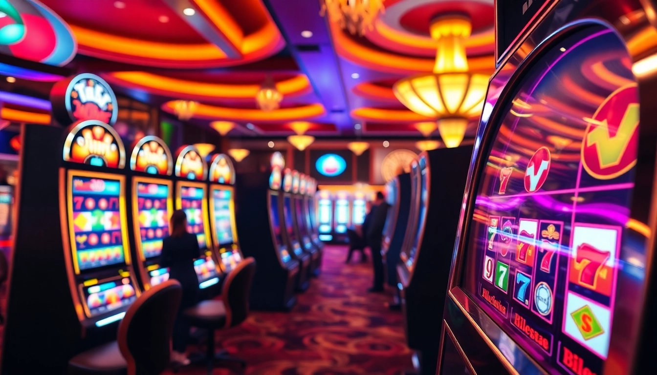 Exciting players at a vibrant 슬롯사이트 with spinning slot machines and falling coins in a luxurious setting.