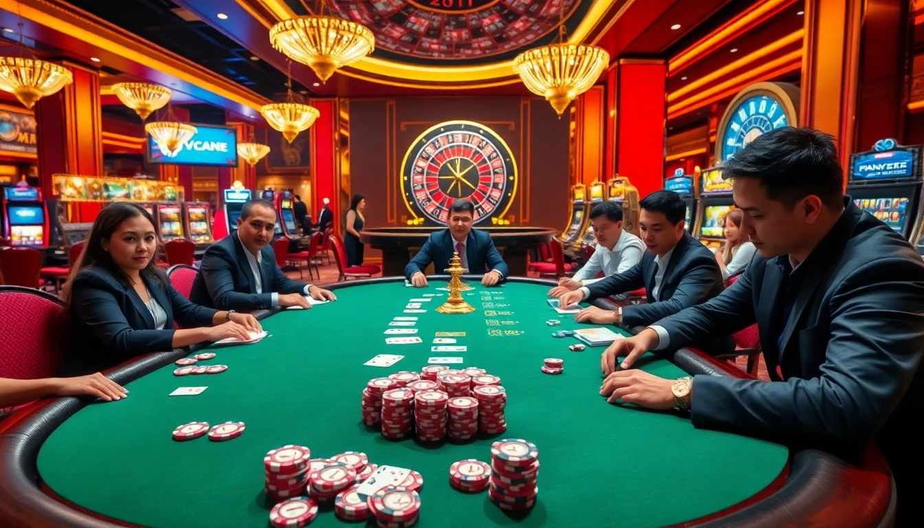 Excited players at the GO8 Asia casino table, showcasing high-stakes poker with vibrant chips and elegant atmosphere.