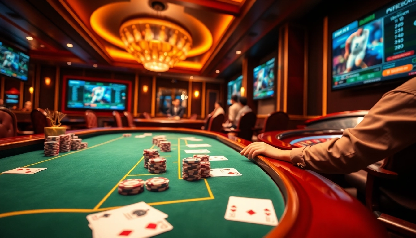 Engaged players enjoying a thrilling MM88 online gambling experience at a vibrant casino table.