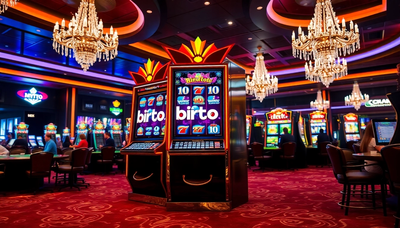 Spin the birutoto slot machine in a luxurious casino setting filled with excitement.
