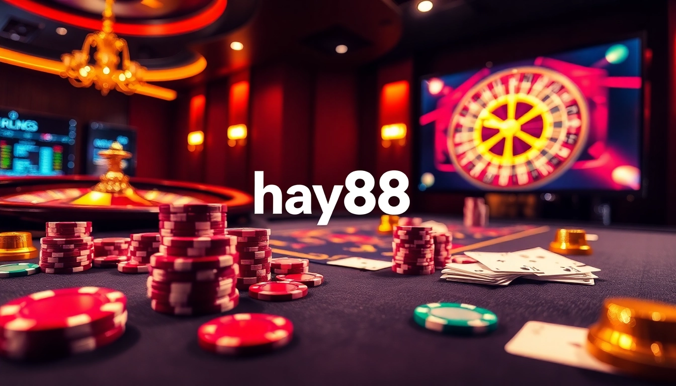 Exciting gaming scene showcasing a roulette table at hay88 with colorful chips and upscale ambiance.