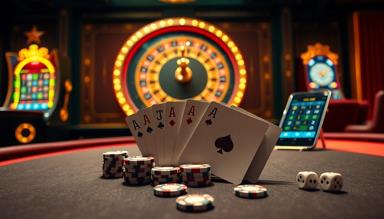MM88 table games showcase excitement with poker chips and cards on a luxurious casino setting.
