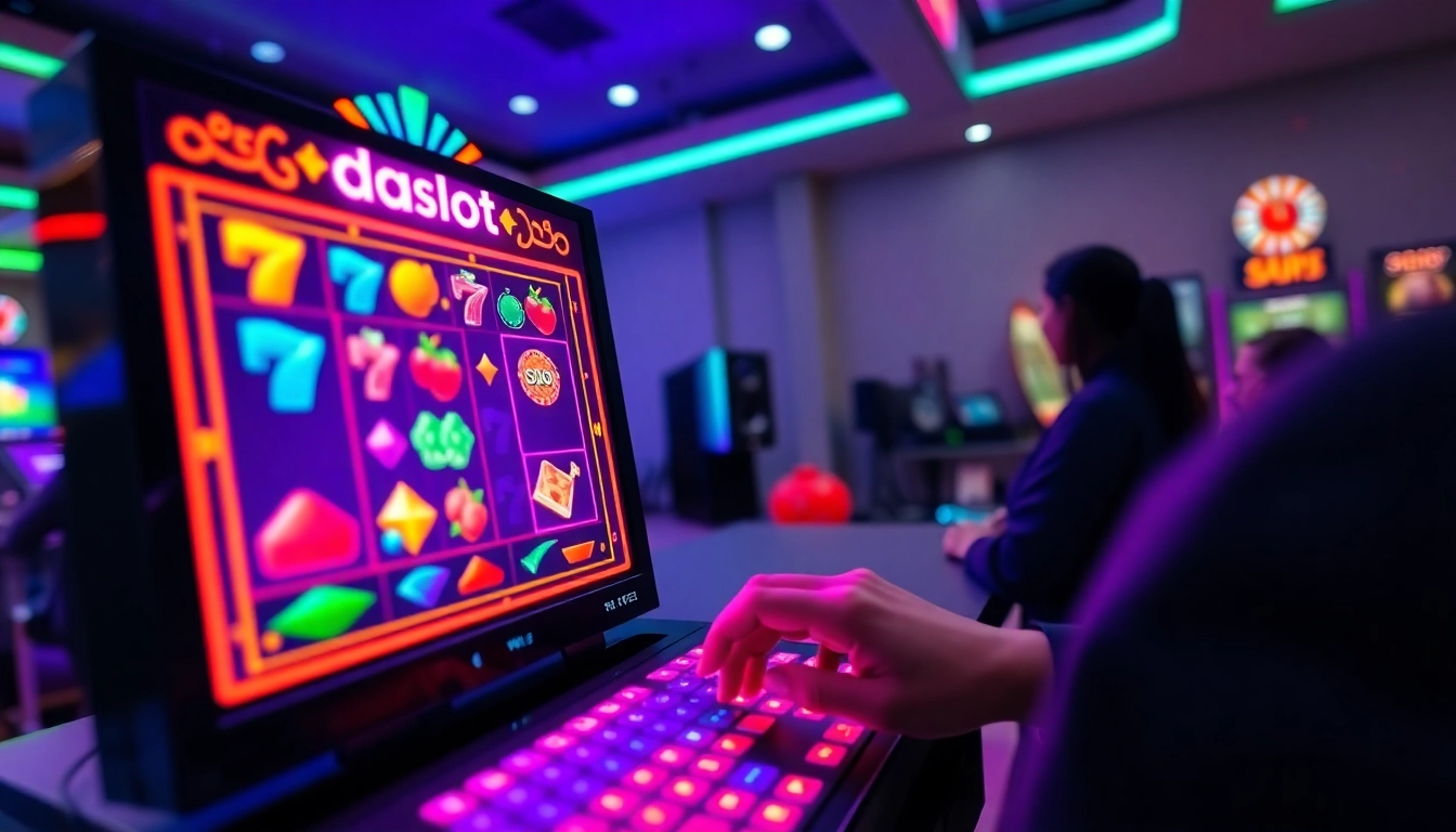 Active player engaging with doaslot online gaming interface in a vibrant casino atmosphere.