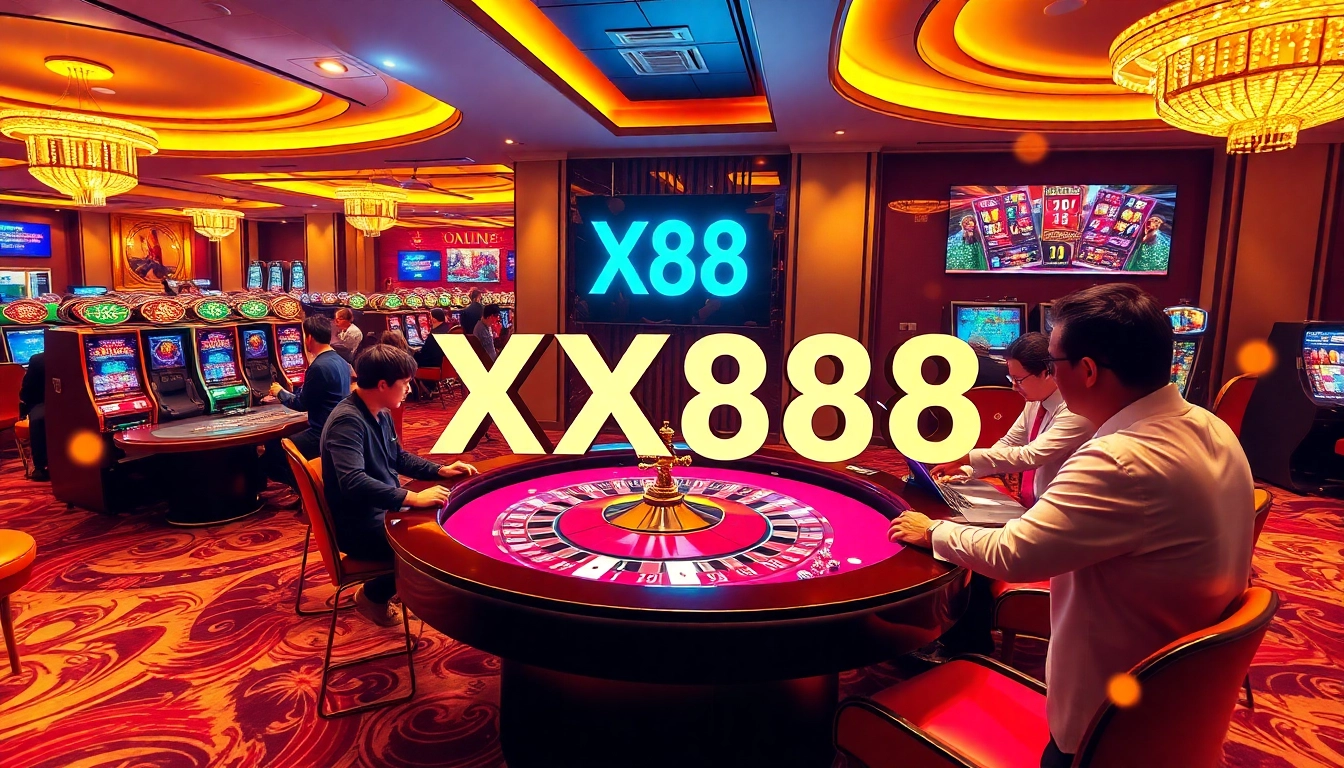Experience thrilling gameplay at XX88 with vibrant casino atmosphere featuring roulette and slot machines.