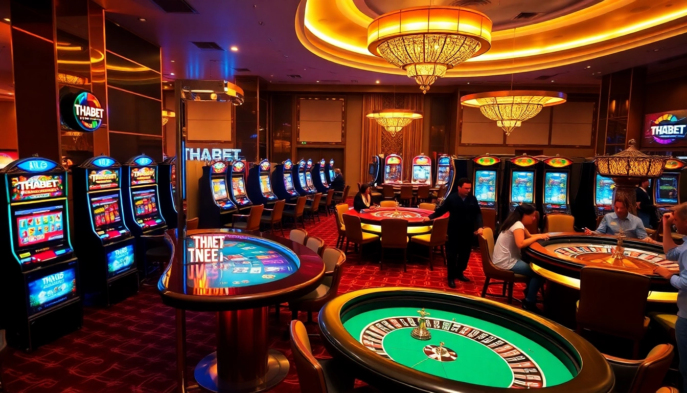 Players enjoying vibrant casino games at THABET, capturing excitement in a luxurious setting.