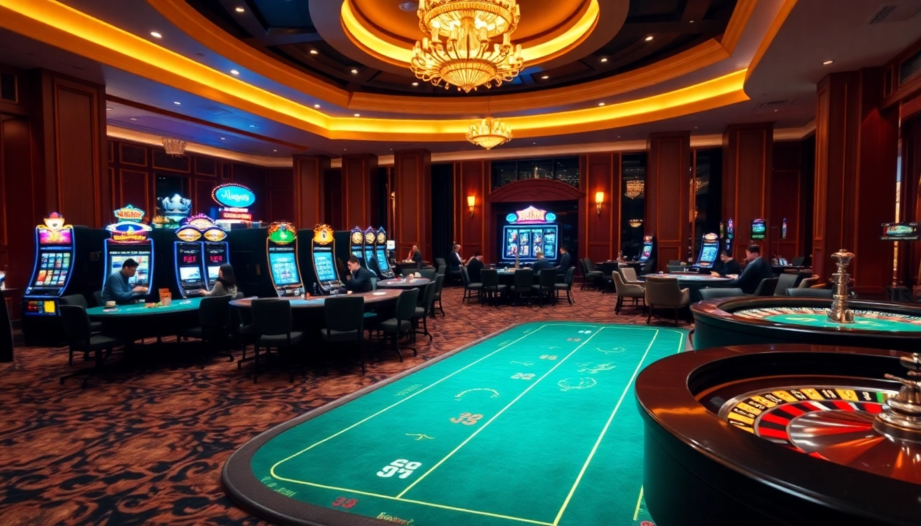 Gamblers enjoying a vibrant casino scene featuring Trang chủ 32Win and various games.