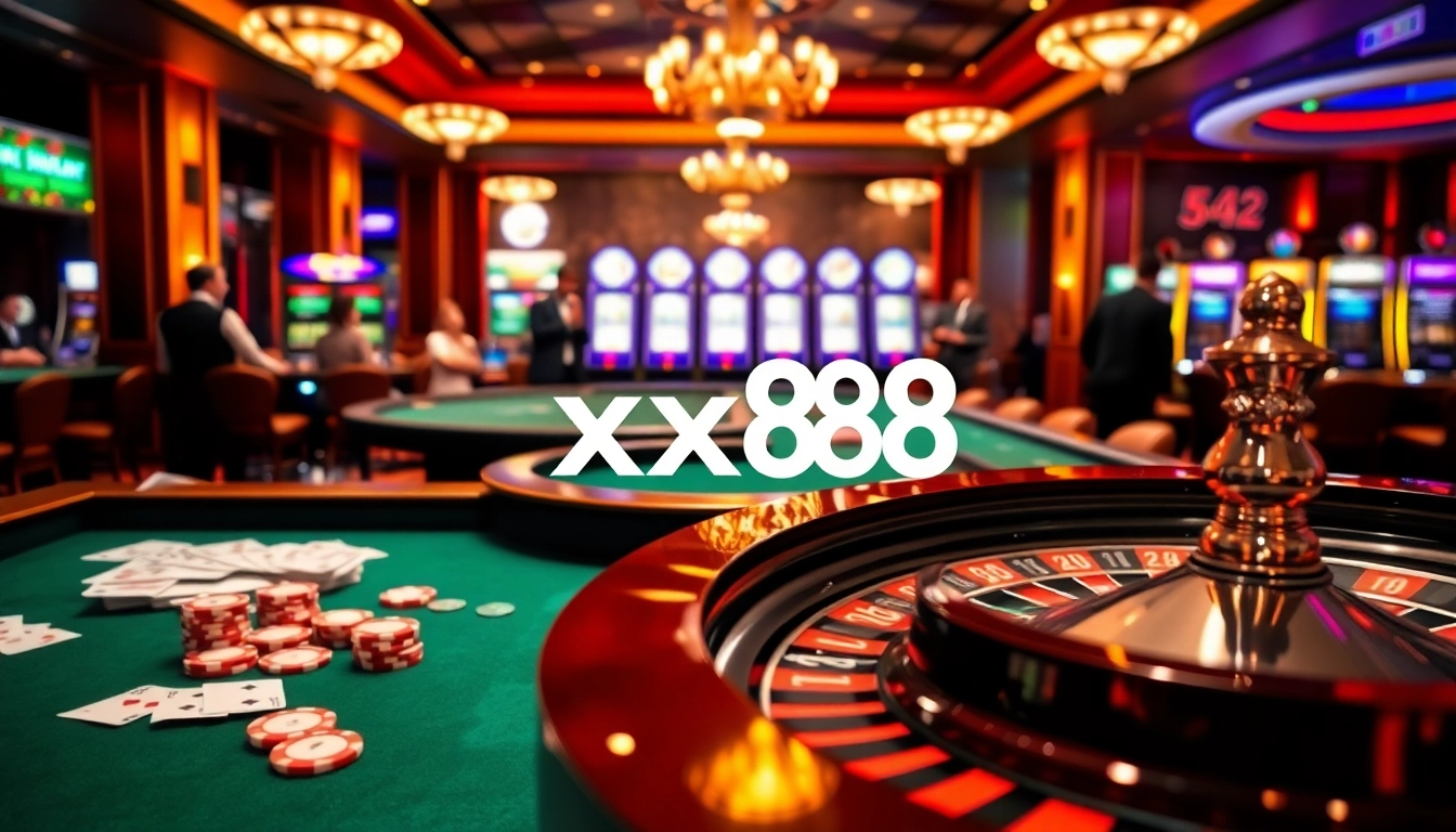 Exciting casino action at a roulette table with poker chips highlighting xx88 gaming experience.