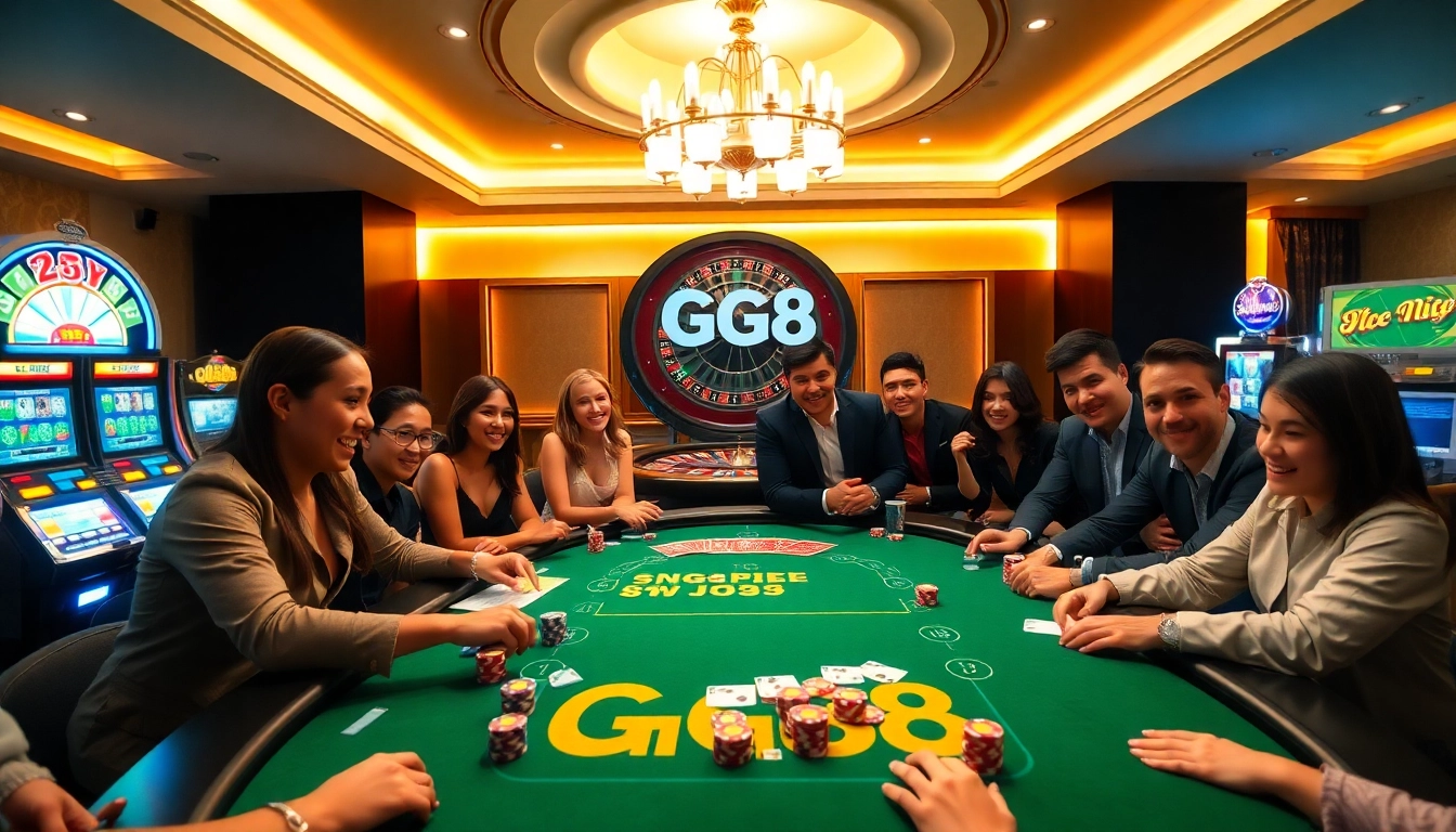 Players enjoying a thrilling session of poker at GG88, highlighting vibrant poker chips and cards in action.