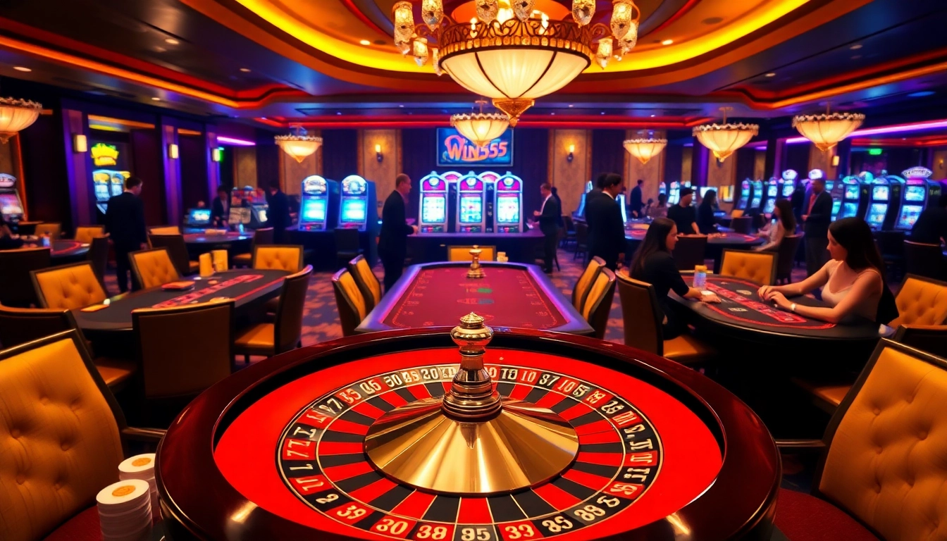 Experience the thrill of win55 as players engage in poker strategy amid luxurious casino vibes.