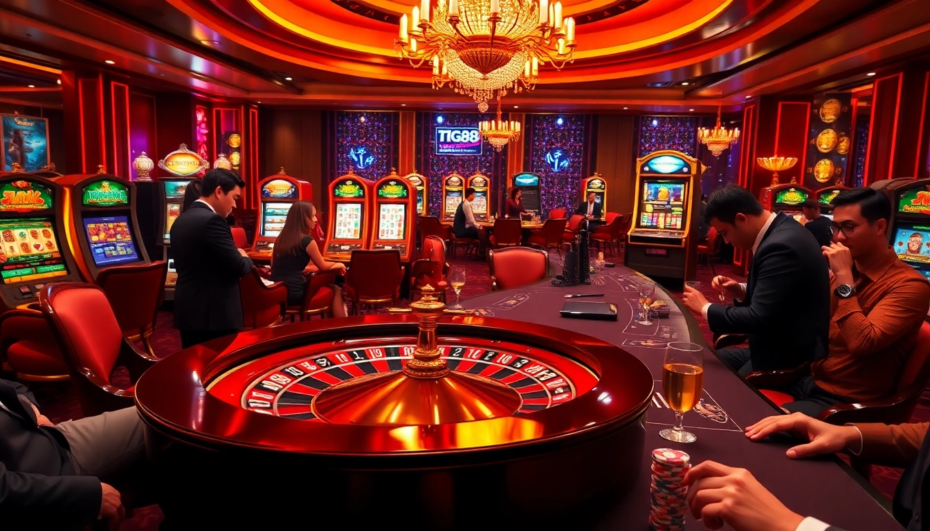 Experience thrilling gaming with Link vào TG88 at this vibrant casino scene featuring poker and roulette.