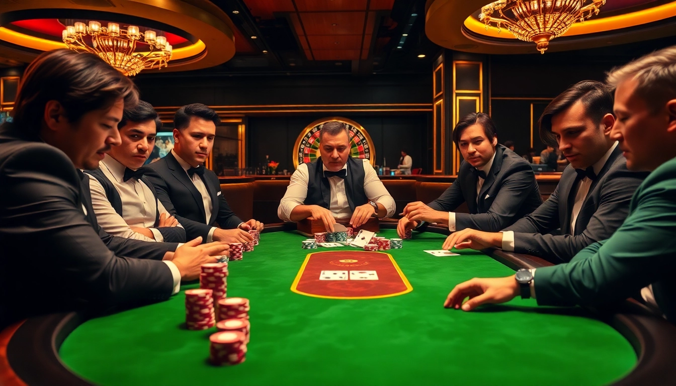 Players engaging in a high-stakes poker game at a luxurious casino table, showcasing https://mm88.nl/ features.