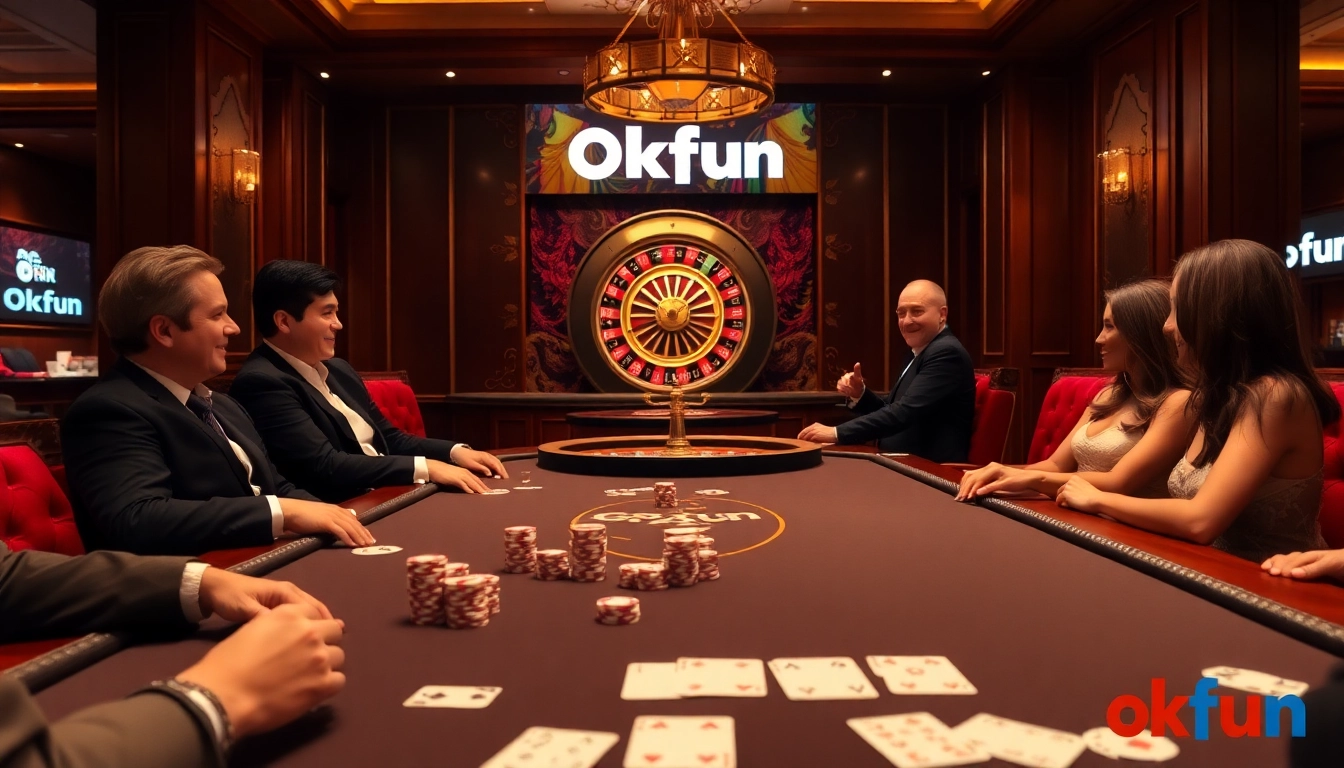 Experience thrilling gameplay at Okfun casino with vibrant poker tables and chip sets.