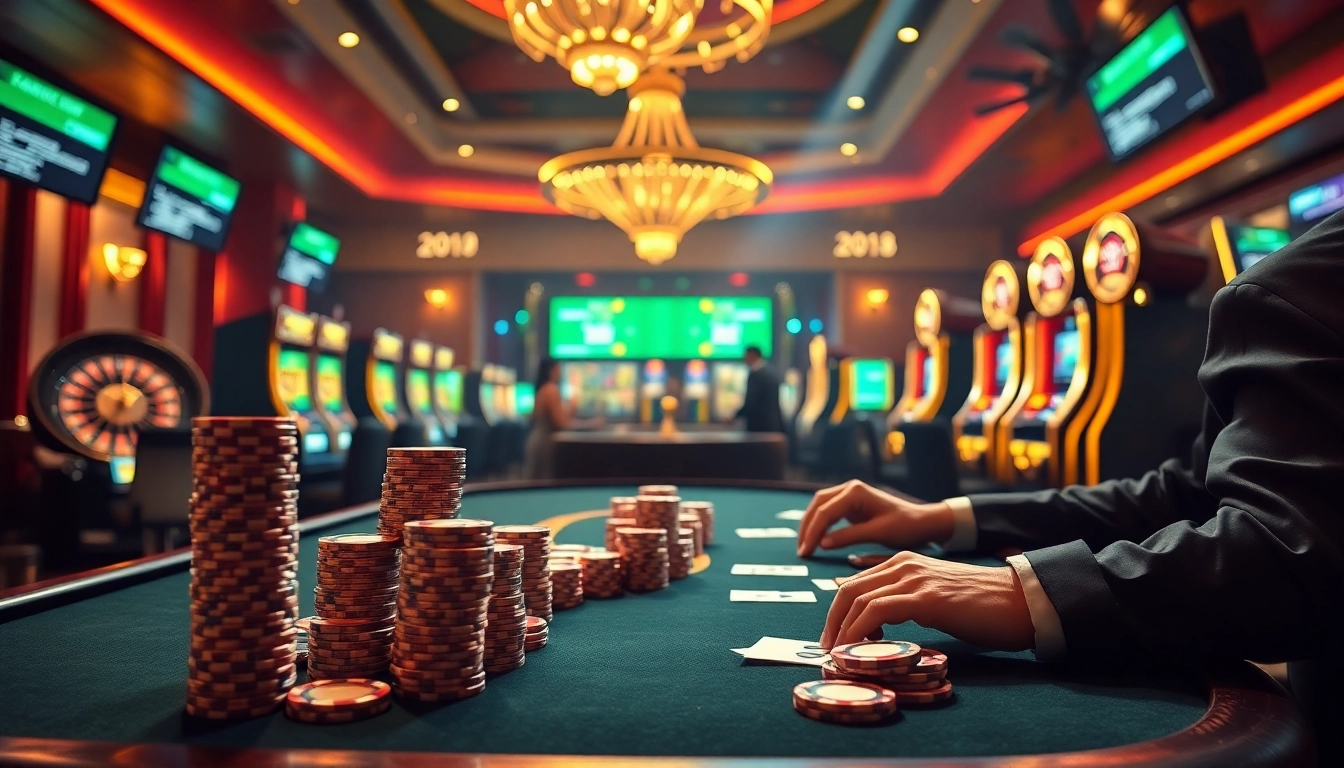 Experience the excitement at new888 with players engaging in poker and roulette at a luxurious casino.