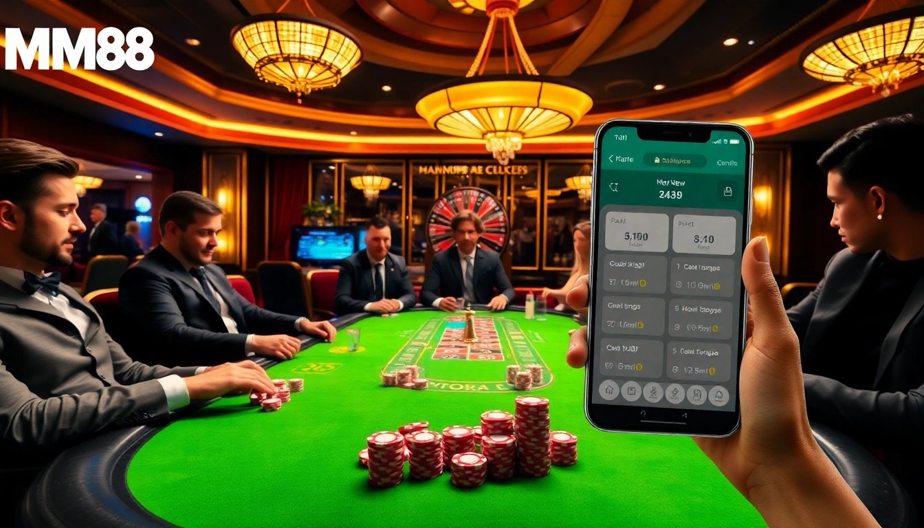 Experience thrilling poker gameplay at MM88 with vibrant chips and a glamorous casino atmosphere.