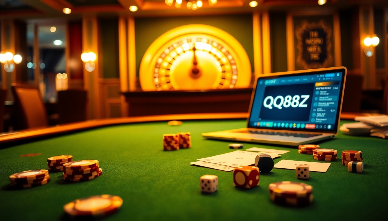 Experience the thrill of QQ88z Net as players engage with a luxurious blackjack table and roulette wheel.