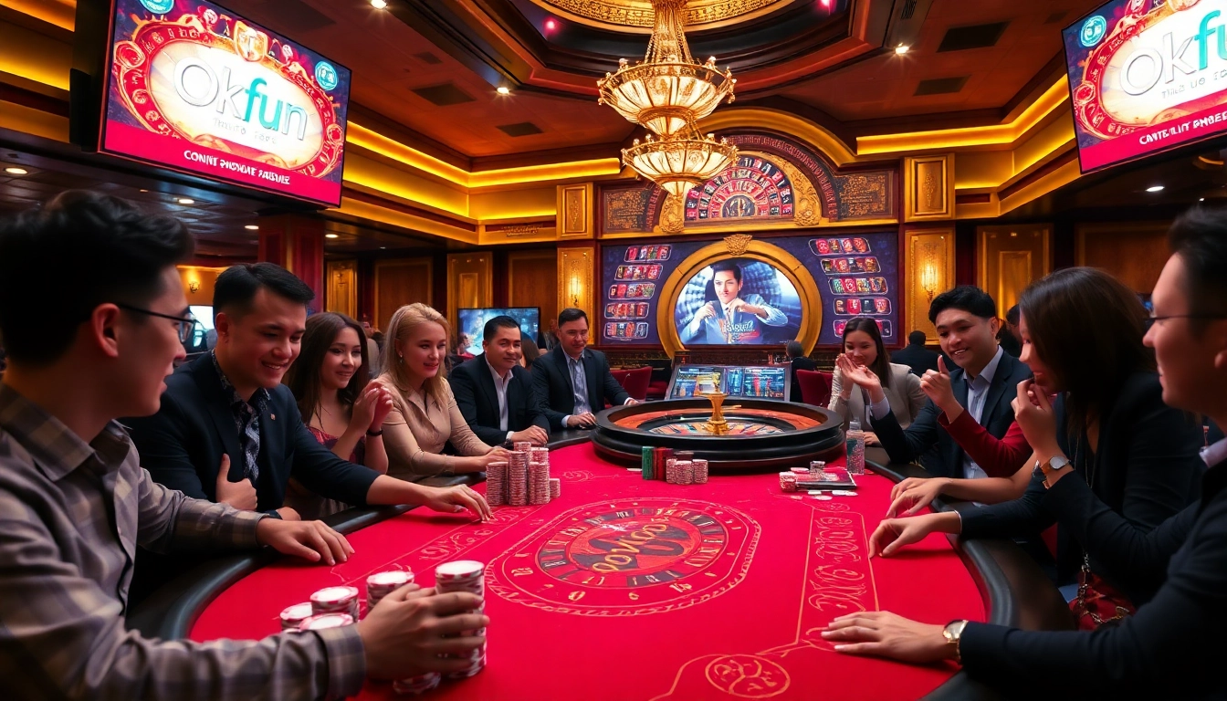 Players enjoying a thrilling game at the Okfun casino table, filled with chips and excitement.