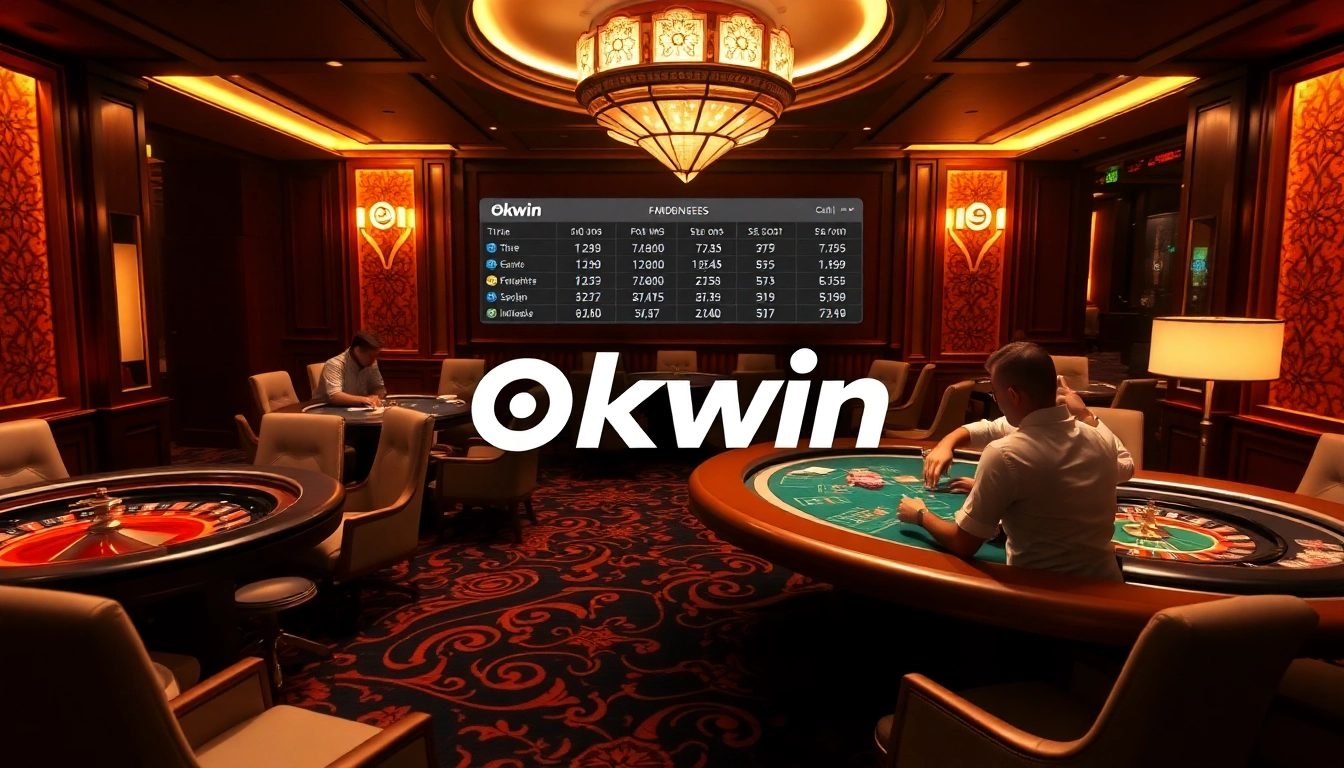 Experience high-stakes poker at an elegant casino featuring the digital interface of okwin.
