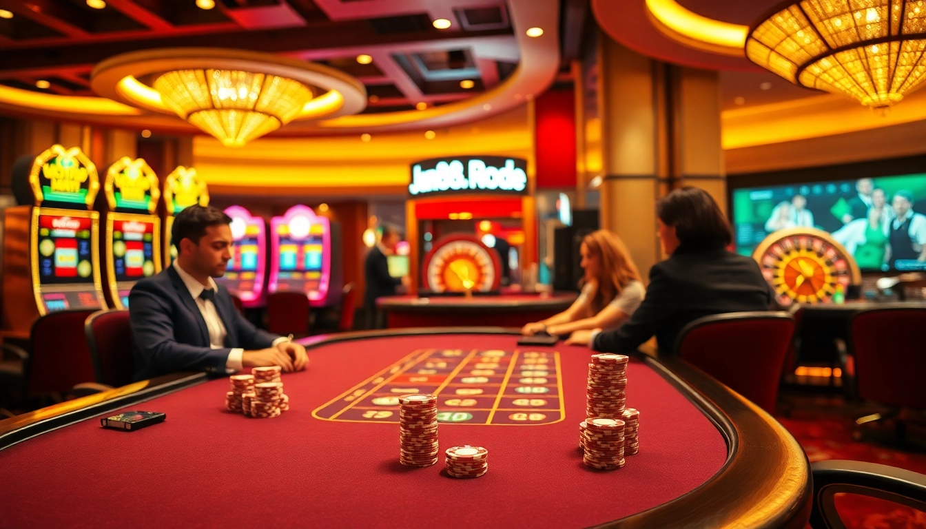 An engaging poker scene showcasing competitive gameplay at jun88.rodeo, highlighting luxury and excitement in gambling.