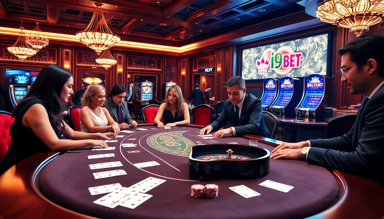 Gambler placing bets at an elegant i9bet blackjack table in a vibrant casino.
