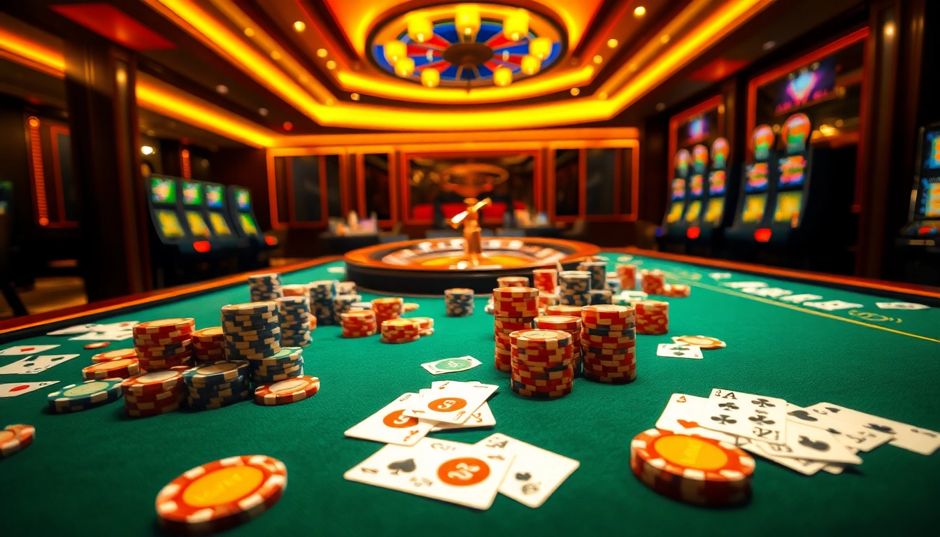 Experience the thrill of 789win at a luxurious casino table filled with poker chips and cards.