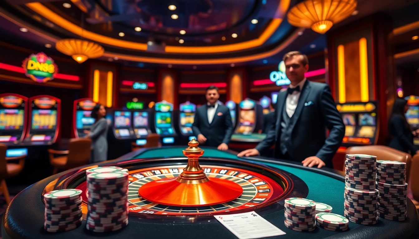 Exciting casino scene showcasing dn88 poker chips and vibrant roulette wheel.
