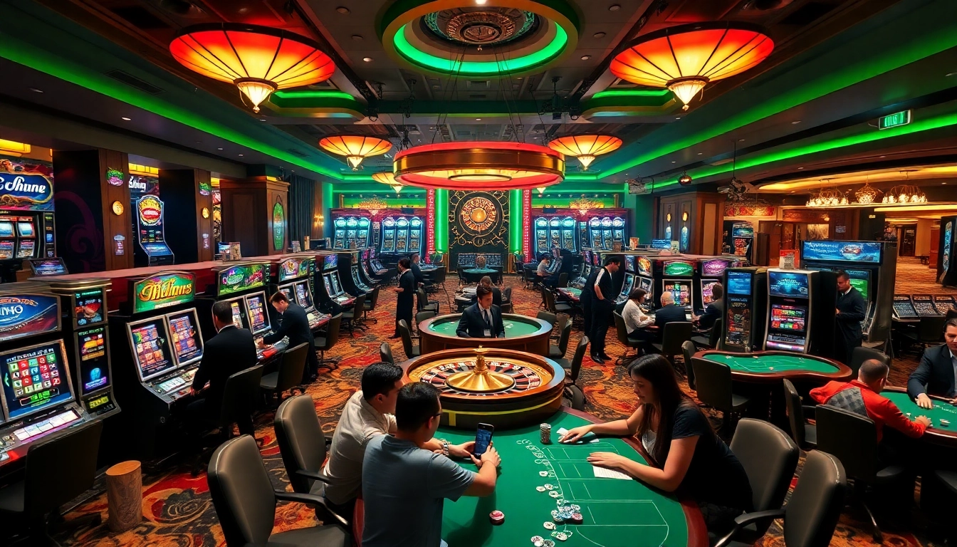 Exciting gaming atmosphere at lv88.team's luxurious casino floor featuring roulette and poker tables.