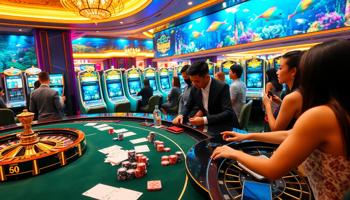 Bắn cá online gameplay featuring players engaging with vibrant digital interfaces in a luxury casino.