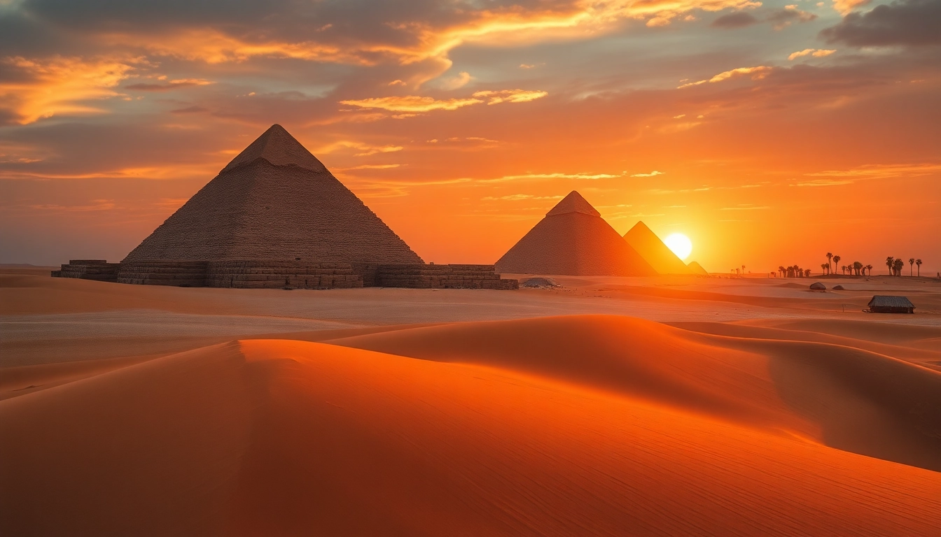 Experience https://piraminds.com/ with stunning pyramids silhouetted against a dramatic sunset.