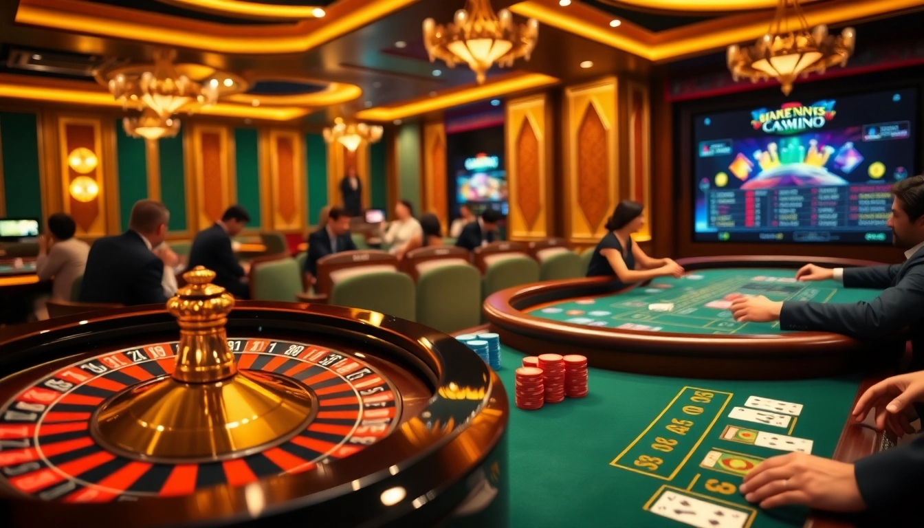 Experience the thrill of gaming at https://www.6l777.club/ with a vibrant casino scene showcasing roulette and blackjack.