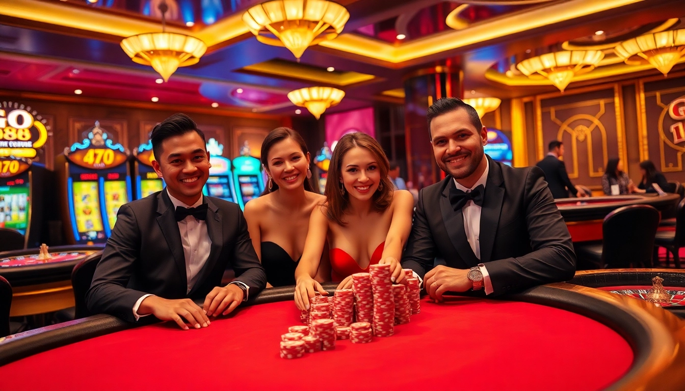 Players strategizing a win at GO 88 themed poker table in an elegant casino.