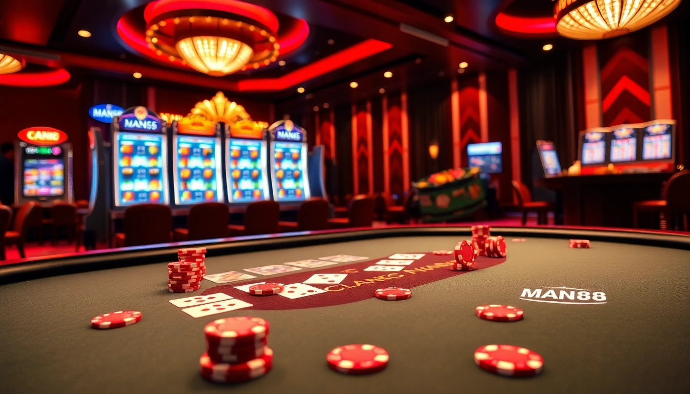 Gambling excitement at Man88's online casino with vibrant poker chips and cards.