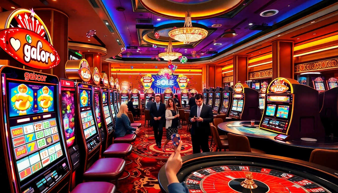 Players enjoy gacor slot machines with vibrant colors and thrilling excitement in a luxury casino.