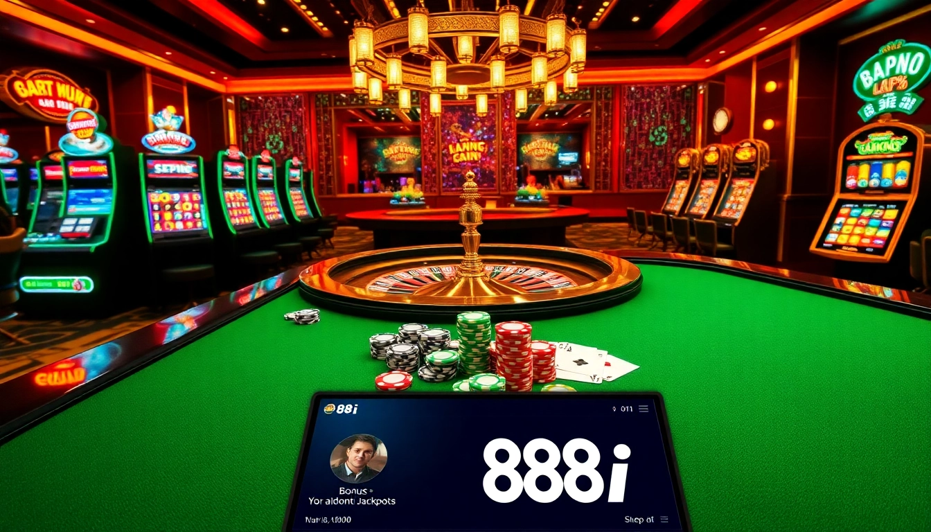 Experience the thrill of winning at 88i with a vibrant casino atmosphere featuring poker chips and a roulette wheel.