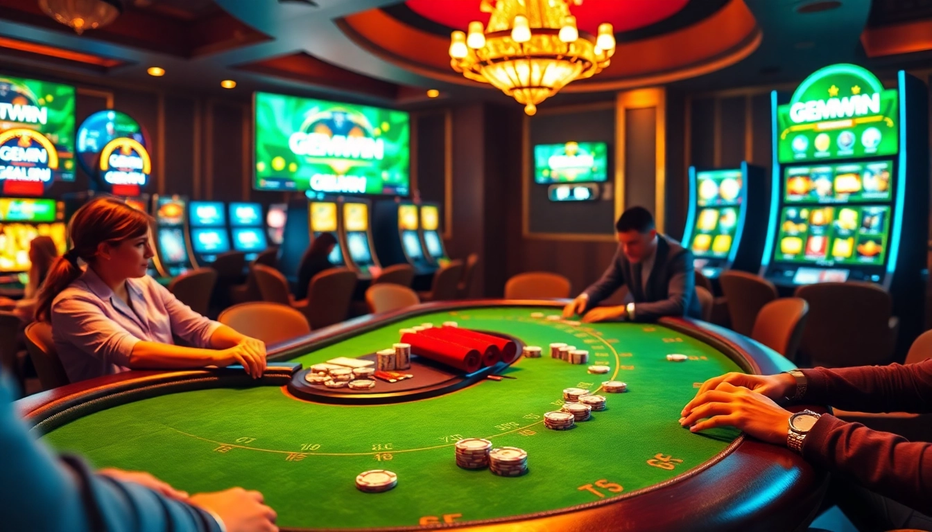 GEMWIN app interface displayed in a vibrant casino, capturing the excitement of gambling.