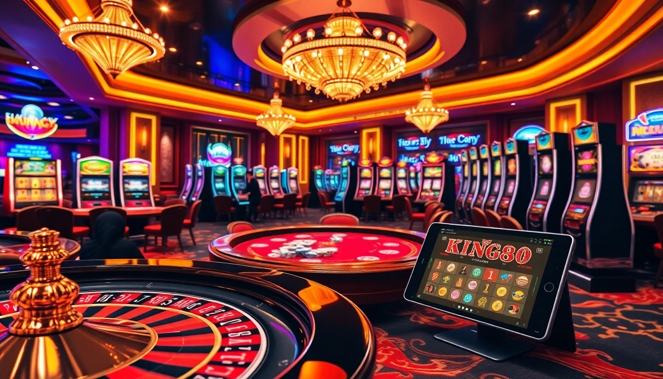 Engage with the thrilling atmosphere of trang chủ king88, featuring a roulette wheel and poker tables.