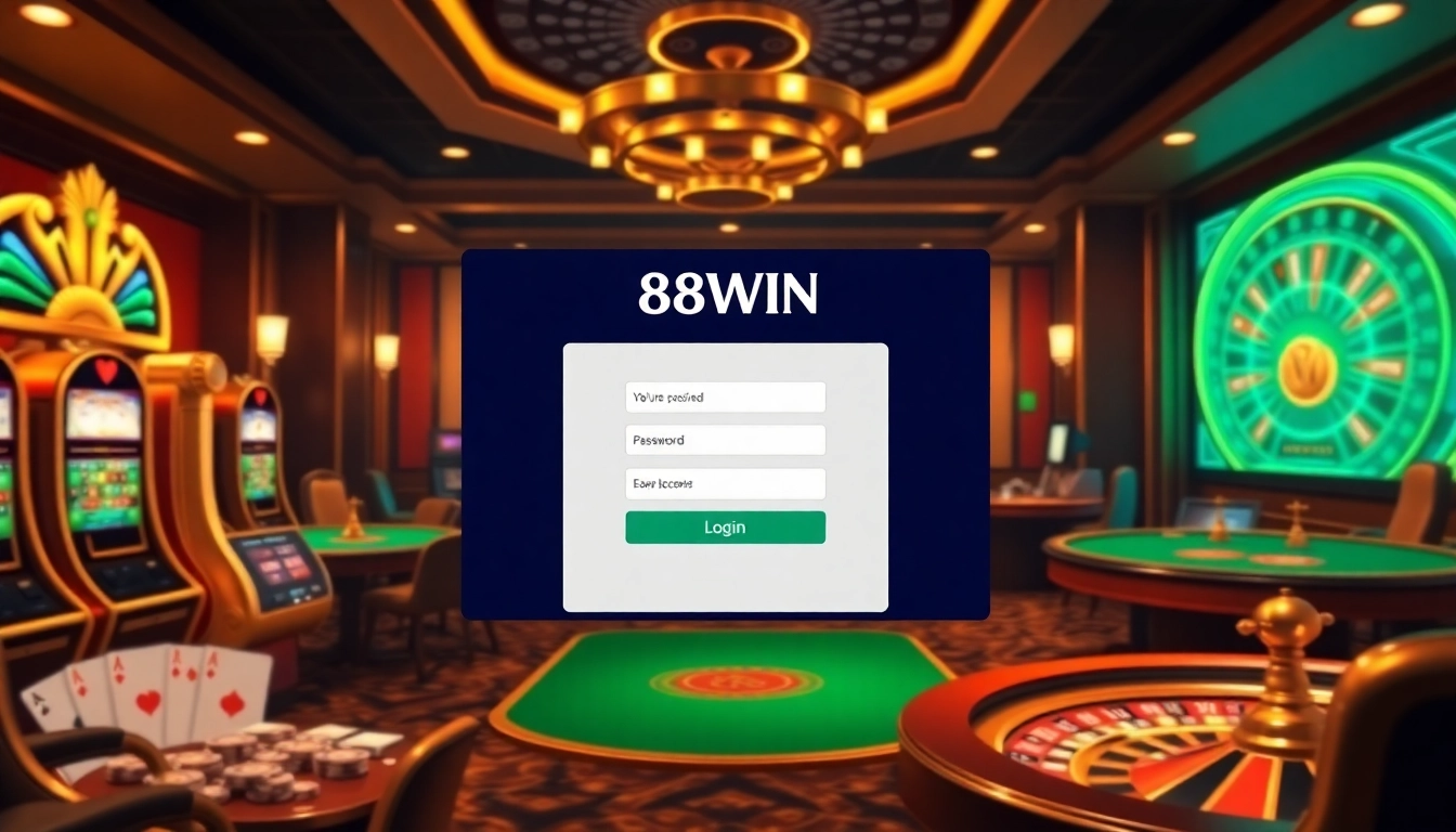 Experience secure login 68WIN with vibrant casino elements like poker tables and slot machines.