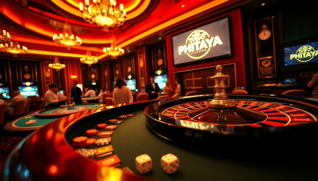 PHTAYA casino players engaging with roulette and poker tables in a thrilling atmosphere.