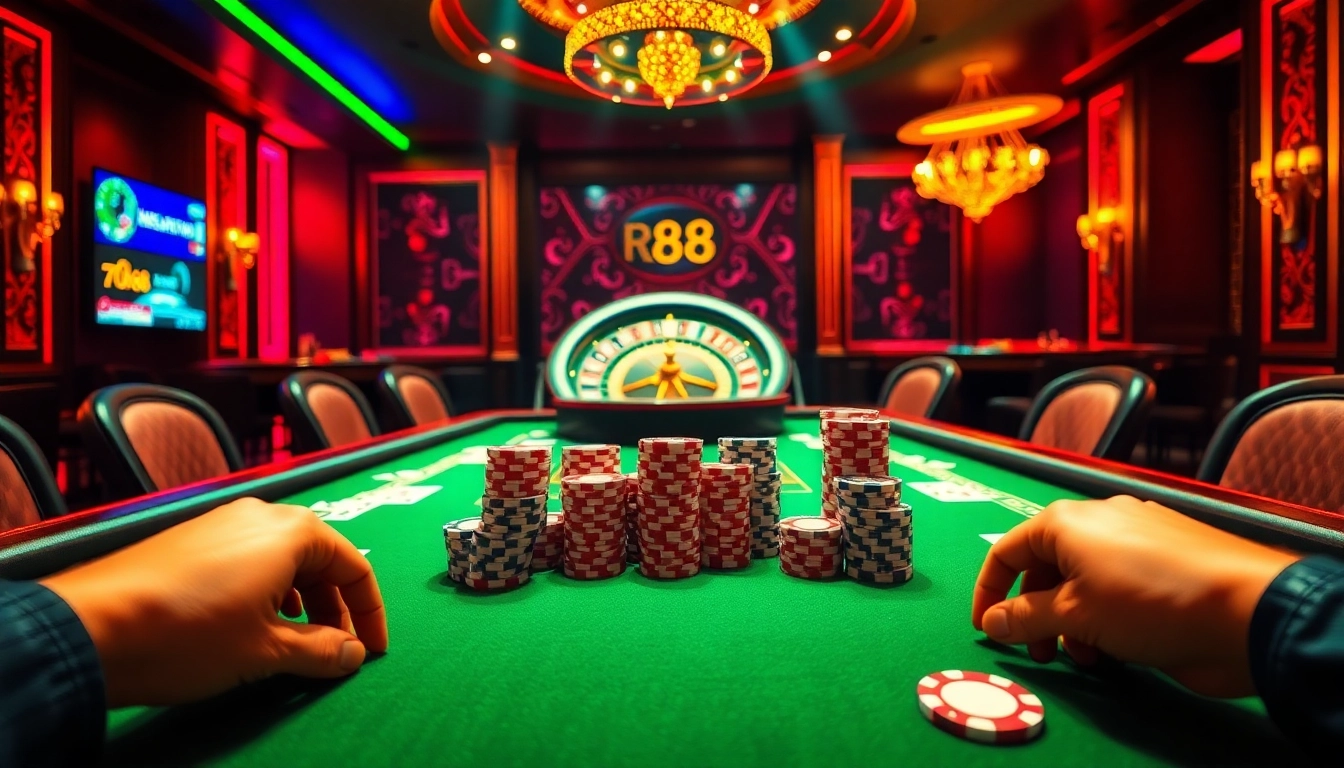 Exciting casino scene showcasing RR88 poker table action with vibrant chips and cards.