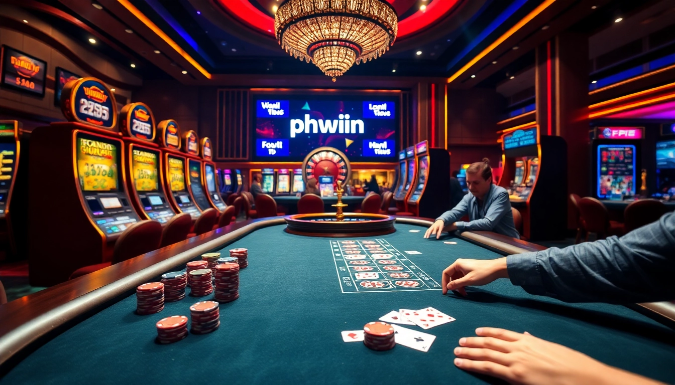 Exciting gameplay at a luxurious casino with the phwin online platform, featuring poker tables and slot machines.