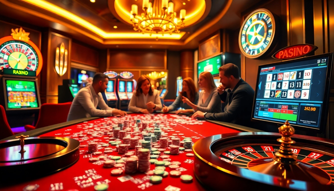 שחקנים נהנים מרמי אונליין על שולחן קזינו מלא חיים בהתרגשות.